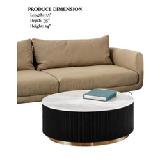 1pc Round Cocktail Table Marble Top Gold Accent Plinth Base Black White And Gold Finish Primary Living Room