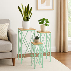 Odysseus 3pc Nesting Plant Stand Table, Brown Wood, X Cross Green Metal