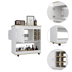Helen Bar Cart, Lower Panel, Six Bottle Cubbies, One Cabinet -Light Oak / White