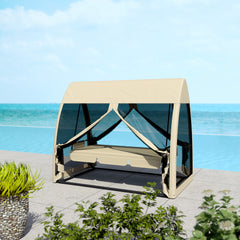 3 Seat Outdoor Swing Chair Convertible Covered Day Bed with Canopy, Mesh Netting, Steel Stand for Garden, Patio, Coffee