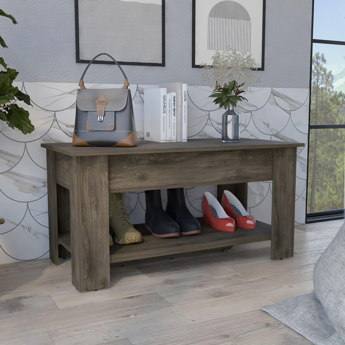 Aria Storage Table, One Extendable Table Shelf, Four Legs, Lower Shelf -Dark Brown
