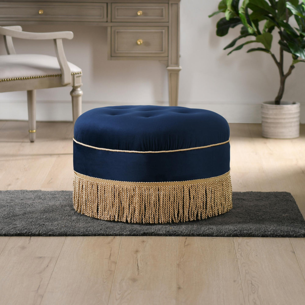 Planet 24" Round Upholstered Accent Ottoman, Navy Blue Velvet with Gold Trim