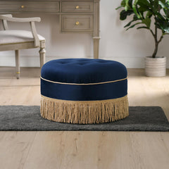 Planet 24" Round Upholstered Accent Ottoman, Navy Blue Velvet with Gold Trim