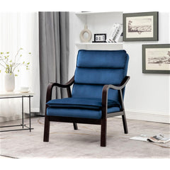 Mid-Century Modern Dark Blue Accent Chair with Wood Armrest, Upholstered Reading Chair for Living Room Bedroom