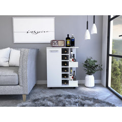 Bar Cart, Two External Shelves, Four Casters, Six Built-in Wine Rack, Single Door Cabinet -White