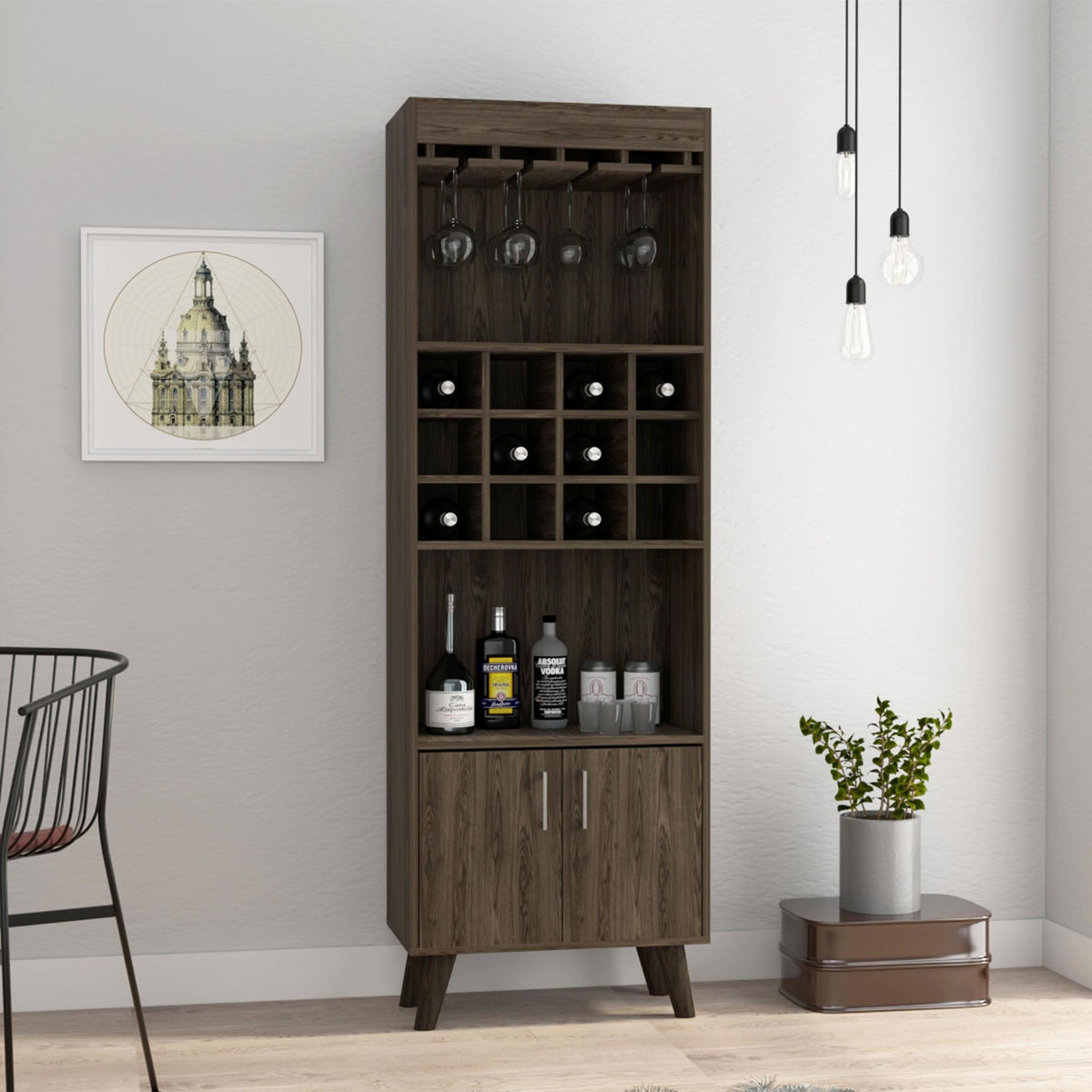 Vista Bar Cabinet, Twelve Built-in Wine Rack, Double Door Cabinet, Two Shelves -Dark Walnut