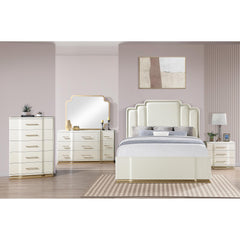 Cassandra 5-Piece Queen Bedroom Set in Beige with Upholstered Bed, Dresser, Mirror, Nightstand and Chest