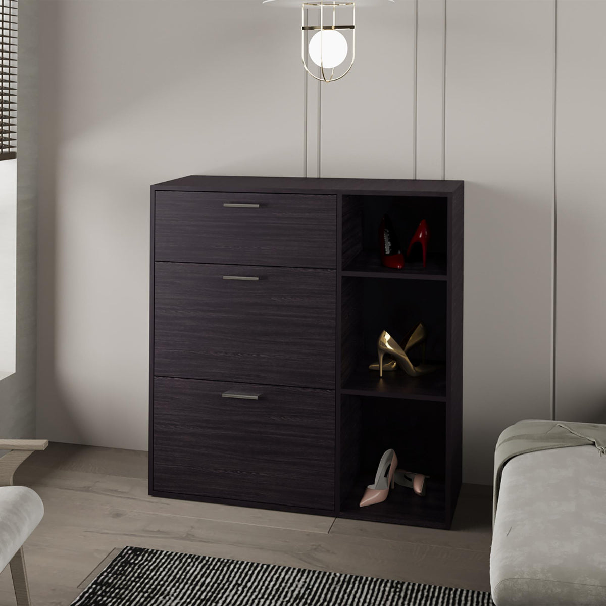 Crown 3-Door Shoe Rack with Interior Shelves And Side Shelves, One Drawer Storage Cabinet for Shoes and Accessories