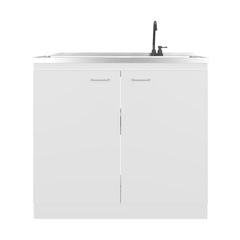 Pulsar Utility Sink with Faucet Inclued and Integrated Stainless Steel Counter top, Freestanding cabinet with two doors, Metal Handles and Two interior shelves, White