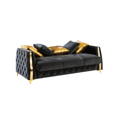 Haven Upholstered Sofa in Black Fabric with Gold Stainless Steel Legs, Foam Cushioning and Sturdy Wood Frame