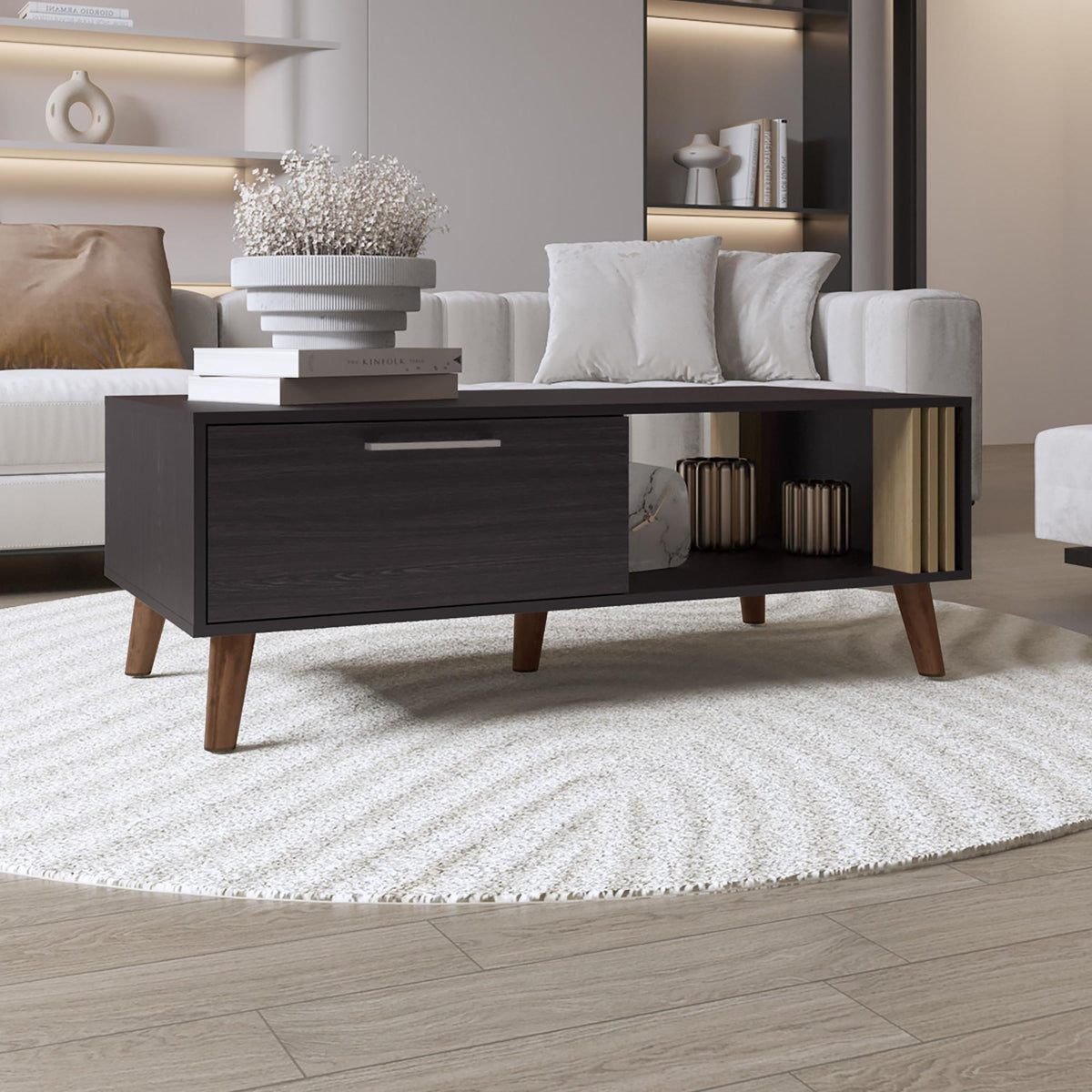 Rhea 47" Wide Coffee Table with One Open Shelf and One pull Down Cabinet Door, Living Room, Storage Black Wengue and Natural Oak