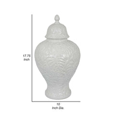 Aurora 18 Inch Temple Jar, Embossed Design, Removable Lid, White Finish