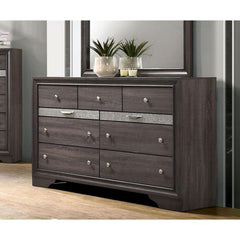 Gray Color Dresser w Mirror Set Hidden Jewelry Drawer English Dovetail Silver Accents Round Knobs Bedroom Furniture