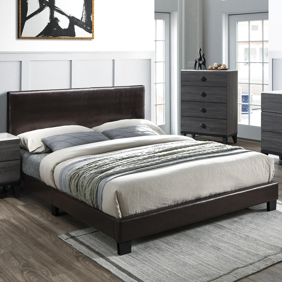 Modern Brown 1pc Full Size Bed Faux Leather Upholstered Bedframe Bedroom Furniture Adjustable Headboard