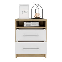 Nightstand 20"H, Two Drawers, Superior Top, Metal Handles, White / Light Oak