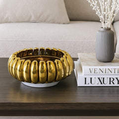 Rhapsody Decorative Bowl, Raised Petal Rim, Gold Metallic Ceramic 13 Inch