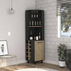 Asteroid Bar Single Door Cabinet Two Shelves, Ten Built-in Wine Rack, Two Interior Shelves, Black / Pine