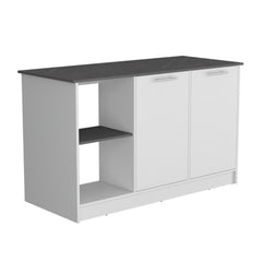 Poem Kitchen Island with Large Top Surface, Double Door Cabinet, and Open Shelves White / Onyx