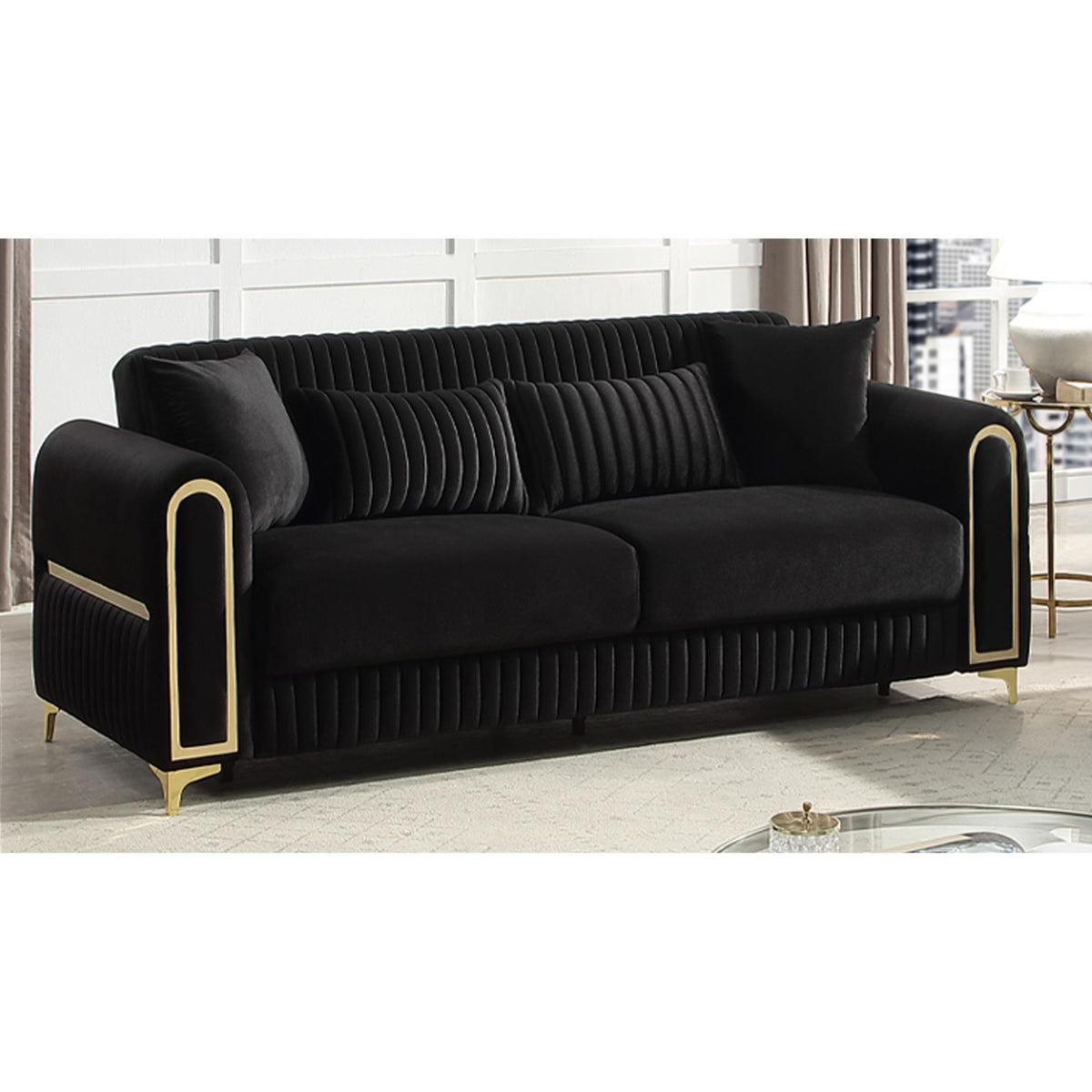 Paradise Modern Upholstered Sofa in Black with Solid Birch Wood Frame, Pocket Coil Seating and Gold Stainless Steel Legs