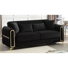 Paradise Modern Upholstered Sofa in Black with Solid Birch Wood Frame, Pocket Coil Seating and Gold Stainless Steel Legs