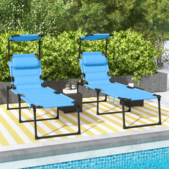 2 Pcs Outdoor Lounge Chair, 4 Position Adjustable Backrest, Folding, Cushioned w/ Sun Shade Roof & Pillow, Blue