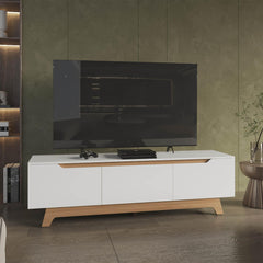 Ares Tv Stand, Two Doors Modern Entertainment Center, Open Shelves And Cable Management, White/ Natural Oak