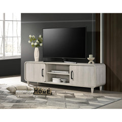 1pc TV Stand Contemporary Light Wood Finish Sliding Doors Black Handles Tapered Legs Mid-century Wooden Living Room Furniture