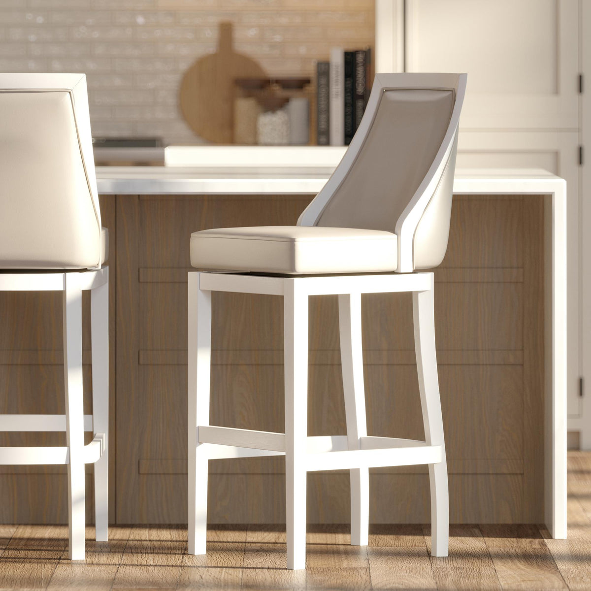 Swivel 31"H Bar Stool with Tall Back, White with Gray Faux-Leather Seat, 1PC