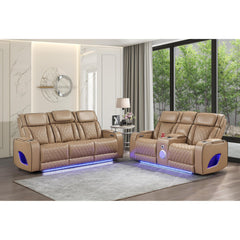 Hephaestus Modern 2pc Power Reclining Massager Sofa and Loveseat Set in Caramel Faux Leather