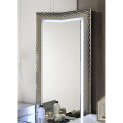 Glam Style 1pc Vanity Set w/ Stool Plinth Base Silver Molding Glass Top LED On Headboard And Mirror Gray Finish Bedroom Furniture