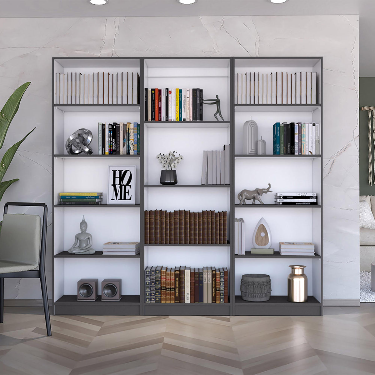 Crown 3 Piece Home Bookcase set, 74" Wide with 14 Shelves , Living Room Set Set Matt Gray - White