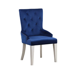 Blue Velvet Chair 1pc Button Tufted Nailhead Trim Platinum Finish Wooden Legs Luxury Dining Room Furniture