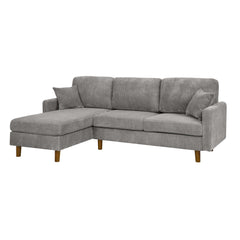 Corduroy Upholstered Sectional with Wooden Legs & Toss Pillows