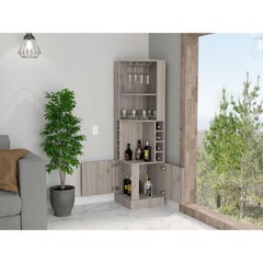 Story Corner Bar Cabinet, Eight Bottle Cubbies, Double Door, Two Open Shelves Light Gray