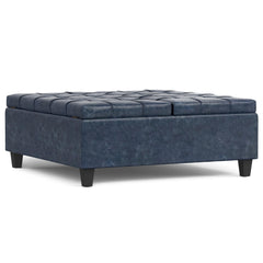 Aeneas 40 inch Wide Large Square Coffee Table Storage Ottoman in Denim Blue Vegan Leather