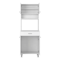 Pantry Cabinet 67" H, Four Doors, One Drawer, Three Internal Shelves, 2 External Storage Shelves, Microwave Storage Option, Four Legs, White