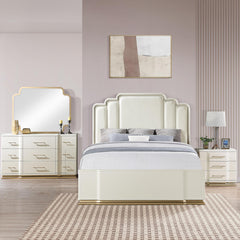 Cassandra 4-Piece Queen Bedroom Set in Beige with Upholstered Bed, Dresser, Mirror and Nightstand