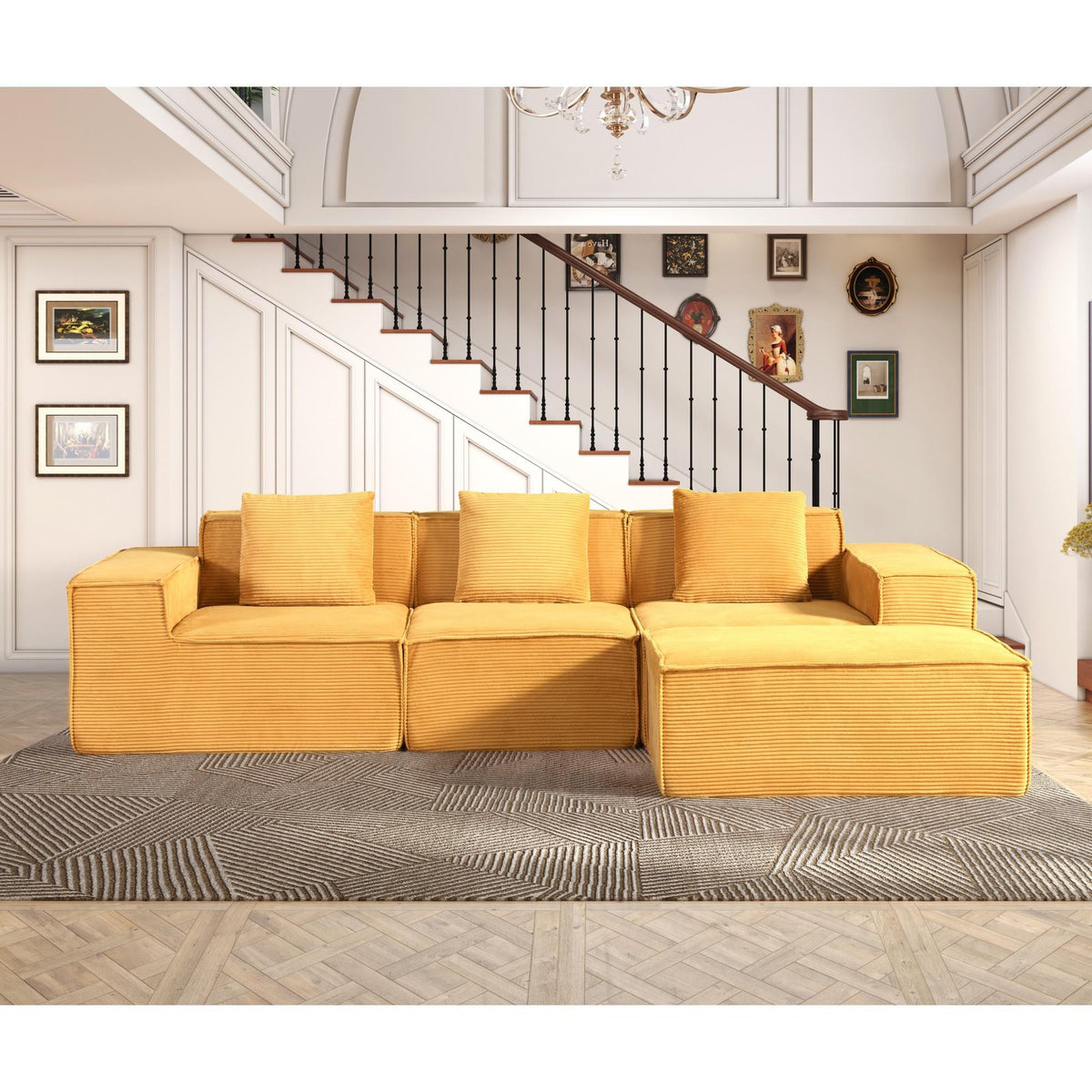 Moon Convertible Corduroy Sectional Couch with Ottoman & Pillows, Modular L Shaped Sleeper Sofa, Boneless Cloud Couch for Living Room Furniture, Ginge Yellow