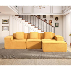Moon Convertible Corduroy Sectional Couch with Ottoman & Pillows, Modular L Shaped Sleeper Sofa, Boneless Cloud Couch for Living Room Furniture, Ginge Yellow