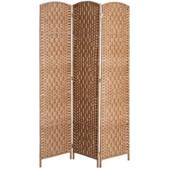 6' Tall Wicker Weave 3 Panel Room Divider Wall Divider, Natural Wood