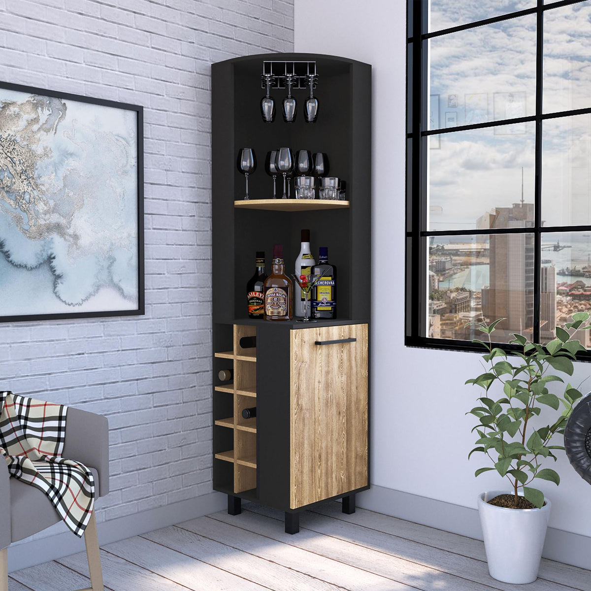 Lyra 70" Tall Corner Bar Cabinet With Four Shelves, Ten Wine Bottle Cubbies and Stemware in Black - Pine