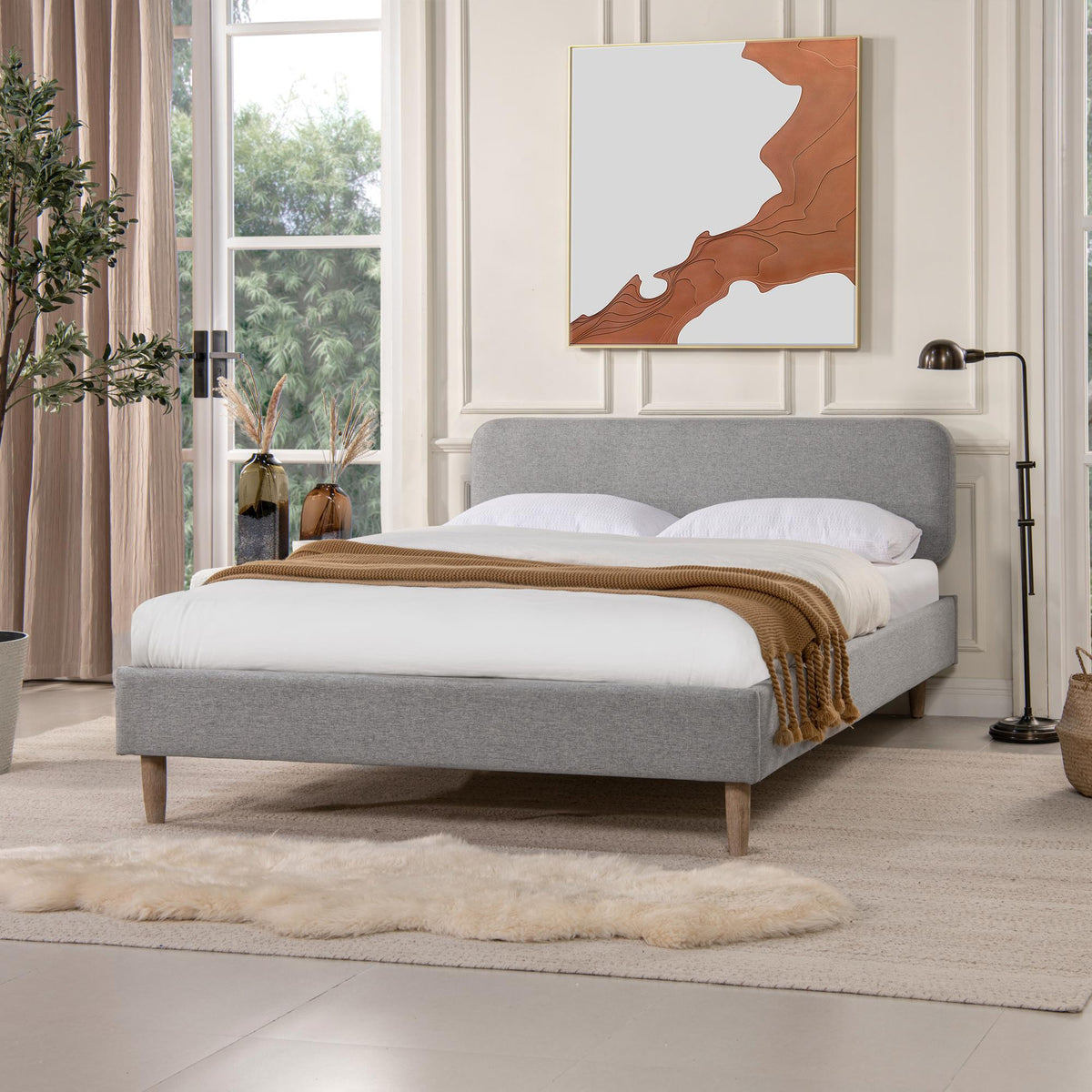 Museum Low Upholstered Platform Bed, Queen, Light Grey Polyester