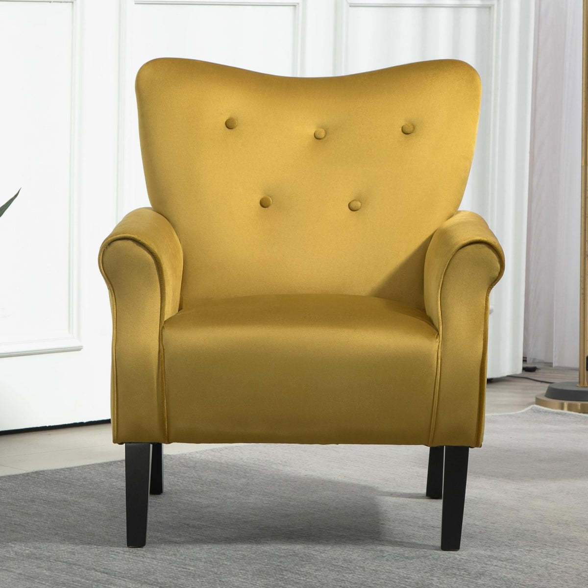 Mid-Century Modern Wingback Accent Chair, Upholstered Fabric Armchair with Sturdy Wood Legs, High-Back Padded Club Chair for Living Room Bedroom Office