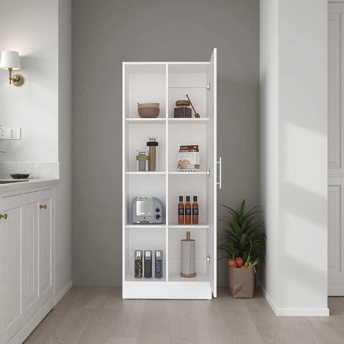 Apocalypse Multistorage Pantry with 4 Open Storage Shelves and a Single Door Cabinet for Hidden Storage, Multipurpose Organization Pantry for Kitchen, Linen or Laundry