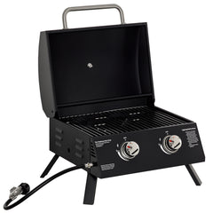 2 Burner Folding Tabletop Gas BBQ Grill w/ Lid, Thermometer, Carbon Steel, Black