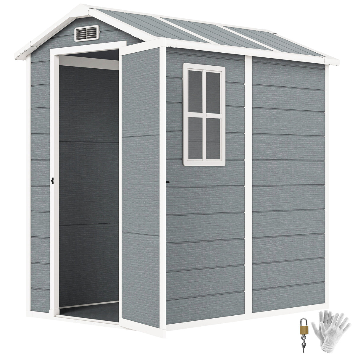 6' x 4' Outdoor Storage Shed, Plastic Shed with Floor, Window, Lockable Door and Vents for Outdoor Patio Storage, Gray