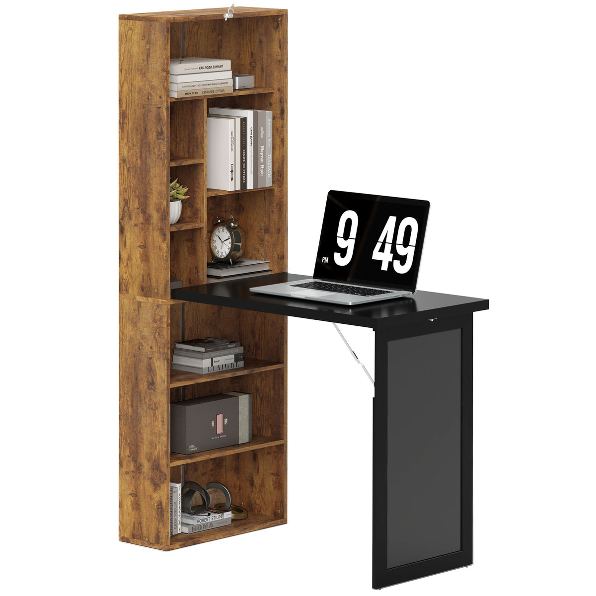 Fold-out Convertible Home Office Desk, Computer Desk with Blackboard and Side Shelf, Rustic Brown