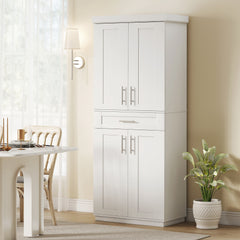 Modern Kitchen Pantry Freestanding Cabinet Cupboard with Doors and Drawer, Adjustable Shelving, White