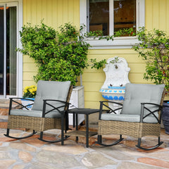 3 Piece Patio Rocking Chair Set, Outdoor Wicker Bistro Set with 2 Oversize Cushioned Porch Rockers and 2 Tier Coffee Table for Garden, Porch, Backyard, Light Gray