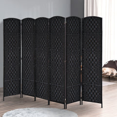 Room Divider 6 Panel, 6FT Tall Folding Privacy Screen, Freestanding Hand-Woven Partition for Room Separation with 360° Hinges, Paper Rope Diamond Weave, Black